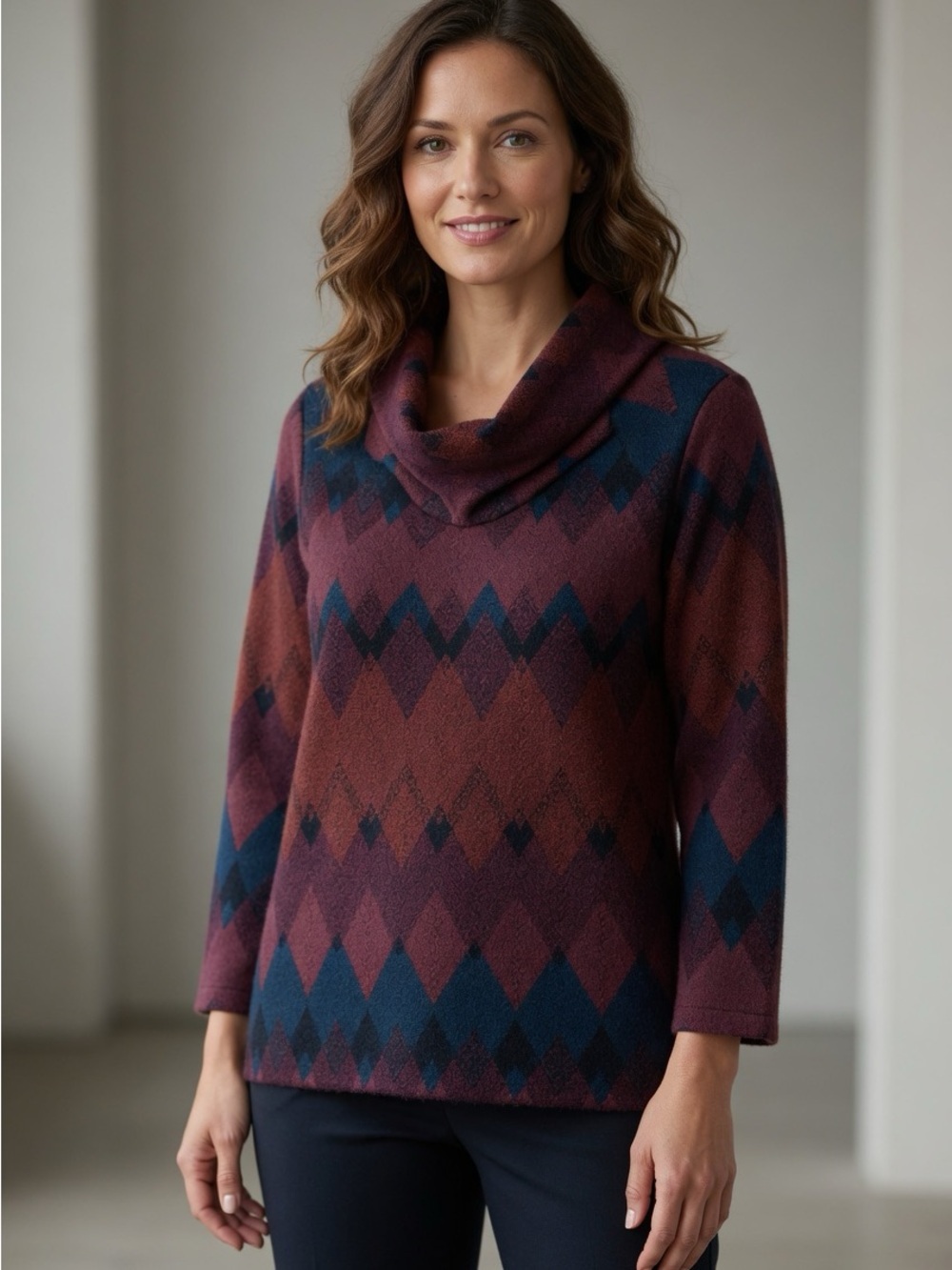 Rafaella Women’s Red and Blue Chevron Cowl Neck Top Size Medium